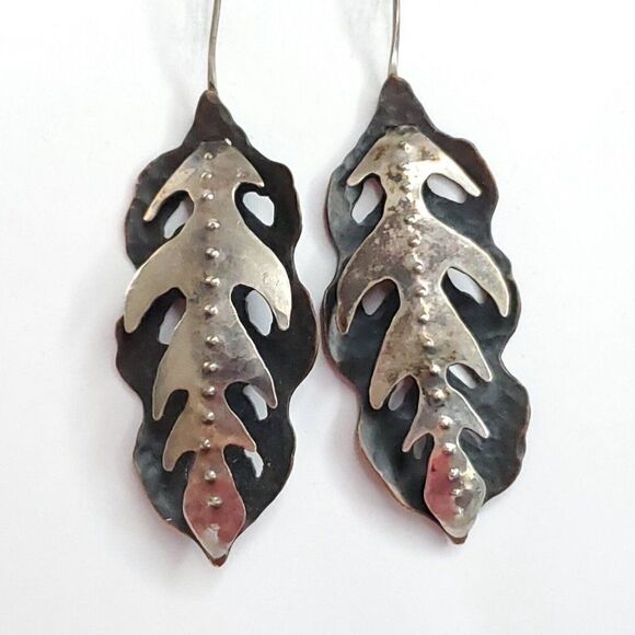 Lisa Scala Artisan Silver Copper Leaf Earrings Layered Drop Boho Naturalist - Picture 1 of 5